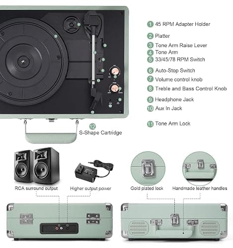 MANGOSTAN Record Player 3 Speed Bluetooth Portable Suitcase, Vinyl Phonograph with Built-in Bass & Speakers, Belt-Driven LP Player Support AUX-in RCA Line Out Headphone Jack, Green thumbnail 3
