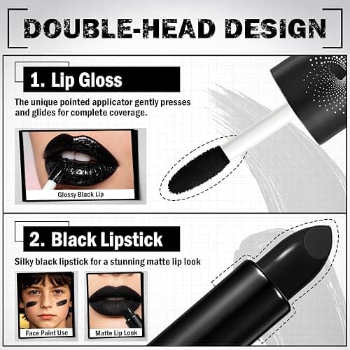 IONSGAKO Matte Black Lipstick and Lip Liner Set for Halloween Goth Makeup | Double-ended Matte Black Lip Gloss Non-Stick Cup Waterproof Long Lasting Smudge-Proof for Cosplay Gothic Lip Makeup thumbnail 4