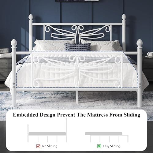 E-Ser Queen Size Bed Frame, Metal Platform Bed Frame with Dragonfly Pattern Headboard and Footboard, Strong Metal Slats Support, No Box Spring Needed, Easy Assembly, Noise-Free, White thumbnail 6