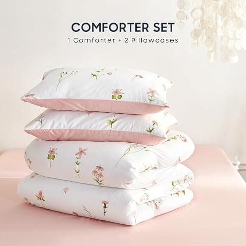 Wake In Cloud - Floral Comforter Set, Cottagecore Cute Aesthetic Watercolor Tiny Flowers and Leaves, Soft Lightweight Bedding for Women Teen Girls, 3 Pieces, Pink, Full Size thumbnail 3