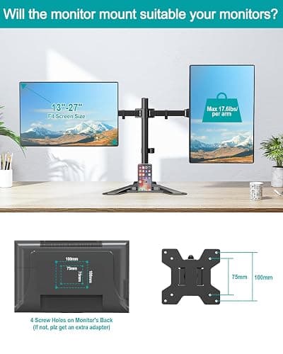 MOUNT PRO Dual Monitor Stand, Free-Standing Full Motion Monitor Desk Mount Fits 2 Screens up to 27 inches,17.6lbs with Height Adjustable, Swivel, Tilt, Rotation, VESA 75x75 100x100, Black thumbnail 4