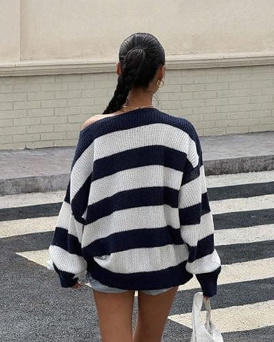 GCZREN Women Casual Oversized Drop Shoulder Long Sleeve Striped Sweater Loose Off Shoulder Color Block Knit Pullovers thumbnail 3