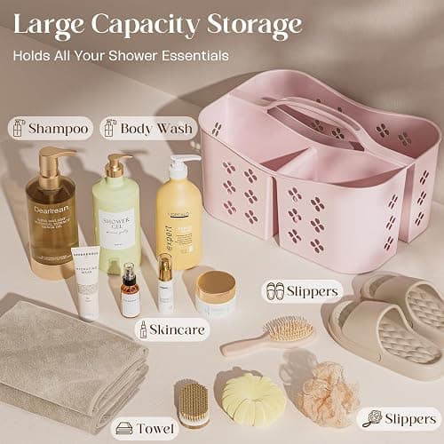 Portable Shower Caddy with Handle, Large Capacity Shower Basket Organizer, Quick-Drain Bathroom Storage Tote, Durable Plastic Shower Organizer for College Dorm, Beach, Gym, Travel Essentials, Pink thumbnail 3