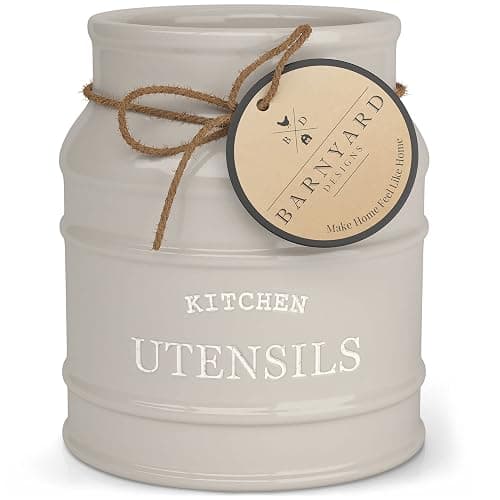 Barnyard Designs Ceramic Farmhouse Utensil Holder for Kitchen Counter, Large Rustic Utensil Crock, Countertop Cooking Tool Spatula Organizer, 6.75” (Taupe) - Image 1