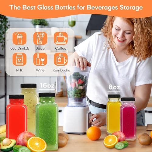 STARSIDE 12 oz Glass Juice Bottles with Lids 6 Pack - Square Reusable Drinking Jars for Juicing, Milk, Kombucha - Includes 1 Bottle Brush, 6 Colored Labels thumbnail 4