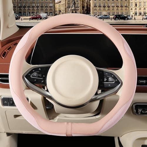 Binsheo Nappa Leather Pink D Shape Steering Wheel Cover, Advanced Microfiber Leather Non-Slip Breathable Fabric, Warm in Winter and Cool in Summer, Universal 15 inch - Image 1