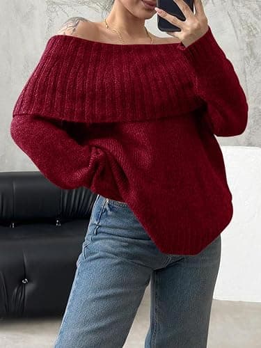 Saodimallsu Womens Off The Shoulder Sweaters Oversized Long Sleeve Loose Ribbed Knit Fall Trendy Pullover Tops thumbnail 3