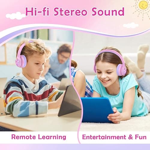 2024 Bluetooth Kids Headphones Fit for Aged 3-21, Colorful LED Lights Comfort Wireless Headphones with Microphone 94dB Volume Limited for School/iPad/PC/TV/Cellphones, Wired & TF Card Mode, Pink - Pink thumbnail 3
