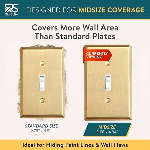 Rio Salto Toggle Light Switch Cover Plate MIDSIZE BRASS Outlet Covers Single Toggle Switch Plate Flip Switch 1 Gang Brushed Brass Gold Metal Decorative Wall Plates — Signature Collection 4.94" X 3.13" thumbnail 5