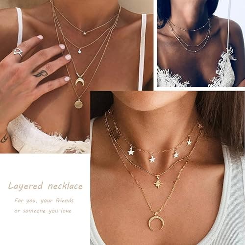 RINHOO FRIENDSHIP 4-6Pcs Multiple Layered Necklaces for Women Choker Necklace with Moon Star Coin Chain Necklace Jewelry for Women thumbnail 3