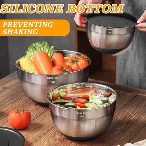 Umite Chef Mixing Bowls with Airtight Lids, 26Pcs Stainless Steel Bowls Set, 3 Grater Attachments & Black Non-Slip Bottoms Size 7, 4, 2.5, 2.0,1.5, 1QT, Great for Mixing & Serving thumbnail 4
