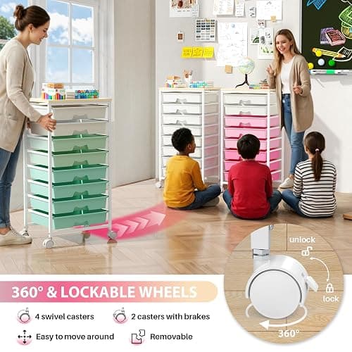 Goovilla Rolling Cart with Drawers, Utility Cart Organizer With 8 Removable Drawers and Wooden Tabletop, Lockable Rolling Storage Organizer for Art, Classroom, Home, Dorm, Office, Craft Storage, Pink thumbnail 5
