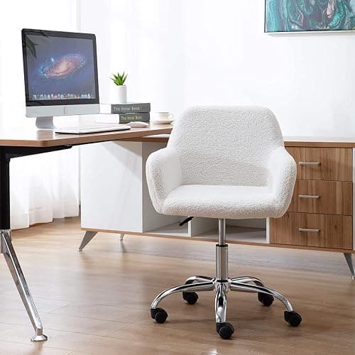 HomVent Faux Fur Home Office Chair for Women Girl, Modern Accent Chair Furry Makeup Desk Chairs with Rolling Wheels Armrest for Living Room Bedroom Office Vanity White thumbnail 7