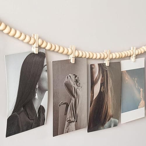 Mkono Hanging Photo Display with Clips, Boho Wooden Bead Garland Banner, Collage Card Picture Kids Art Holder String with 10 Clips for Christmas Bedroom Dorm Decor, Teen Girl Gifts, Brown, 2 Pack thumbnail 6
