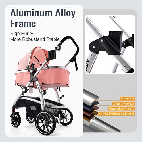 Hagaday Baby Stroller, 2-in-1 Reversible Toddler Seat with Bassinet Mode, Foldable Infant Stroller with Canopy, One Button Brake, Adjustable Handle, Newborn Pushchair(Pink) thumbnail 5
