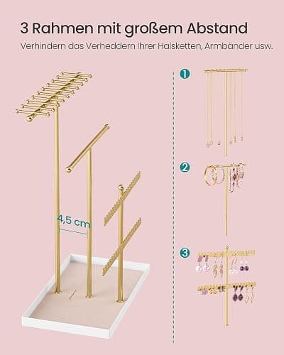 SONGMICS Schmuckständer, Schmuckhalter, Metallrahmen, Schmucktablett Samt, Schmuckaufbewahrung für Halsketten Armbänder Ohrringe Ohrstecker Ringe, Geschenkidee, weihnachten, blassgold JJS036AB01 thumbnail 4