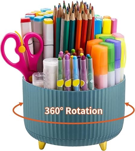 Marbrasse Desk Organiser,360-Degree Rotating Pen Holder for Accessories with 5 Compartments Pencil Organiser,Pen Storage Box Caddy for Office,Home(Dark Green) - Image 1