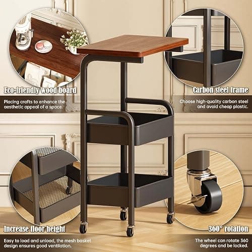 3 Tier Metal Rolling Utility Cart Organizer with Walnut Table Top, Stable and Sturdy Rolling Storage Carts with 2 Lockable Wheels for Kitchen，Bathroom，Snacks，Coffee，Craft，Makeup，Baby Essentials thumbnail 3