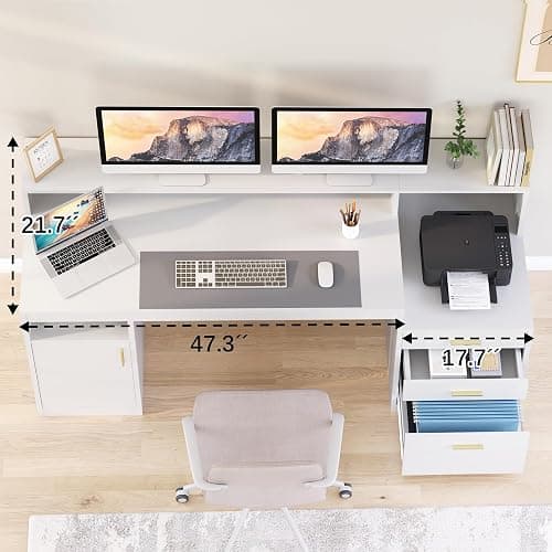 YOMILUVE Computer Desk with 3 Drawer & Storage Shelves, Home Office Desk with File Drawer & Cabinet, Writing Study Table with Long Monitor Stand & Printer Shelf, Executive Desk, White thumbnail 4