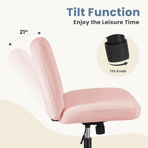 DUMOS Criss Cross Chair with Wheels, Legged Office Armless Wide Desk Seat with Dual-Purpose Base, Adjustable Swivel Teddy Fabric Task Vanity Home Bedroom, Pink - Pink - With Wheels thumbnail 8