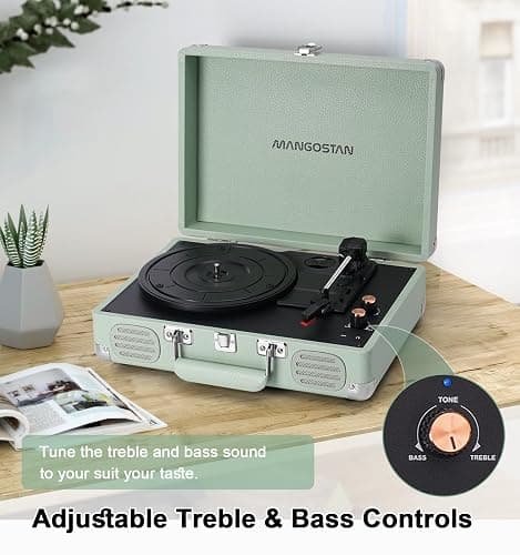 MANGOSTAN Record Player 3 Speed Bluetooth Portable Suitcase, Vinyl Phonograph with Built-in Bass & Speakers, Belt-Driven LP Player Support AUX-in RCA Line Out Headphone Jack, Green thumbnail 8