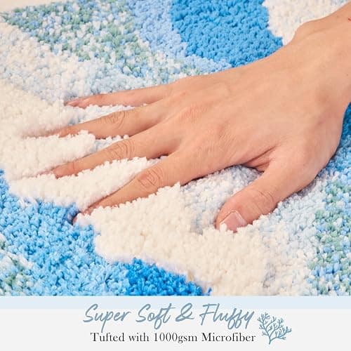 DyeFury Blue Ocean Wave Bath Mat, Cute Funky Bathroom Rugs for Coastal Beach Nautical Themed Decor, Non-Slip Washable Accent Rug for Bedroom Kitchen, Trendy Tufted Shower Mats 31"x 21" thumbnail 4