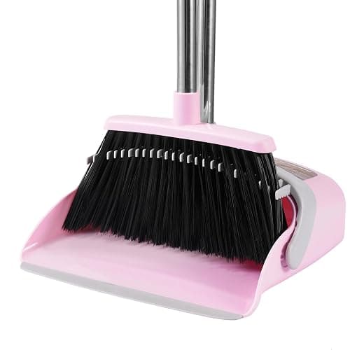 BSKLIN Broom and Dustpan Set, 54” Long Adjustable Handle Broom with Dustpan Combo Set Heavy Duty with Dust Pan Teeth to Clean Hair for Home Lobby Office (Medium Pink) - Image 1