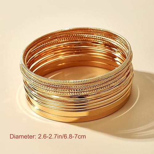 Xerling 14Pcs Golden Boho Indian Multi Bangle Bracelet Set Punk Chunky Stackable Textured Bracelets for Women Layered Cable Smooth Bracelets, Diameter: 2.6-2.7in/6.8-7cm, alloy thumbnail 3