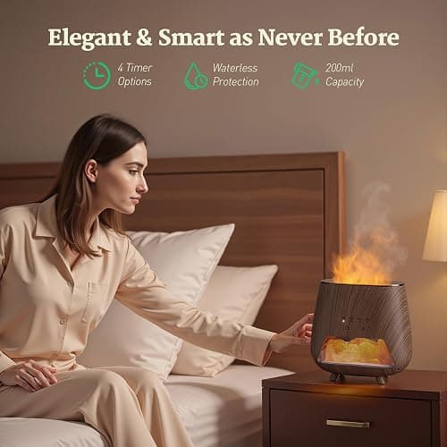 JJNJJN Essential Oil Diffuser for Home - Aromatherapy Diffuser with Pure Himalayan Pink Salt Rock, 200ml Wood Grain Scent Diffuser, Cool Mist Humidifier with 9 Colors LED Light for Bedroom, Black thumbnail 3