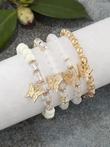 Bohemian Crystal Beaded Butterfly Pendant Bracelets Set Gold Beaded Stackable Stretch Bracelet Handmade Multilayer Colorful Charm Jewelry thumbnail 3