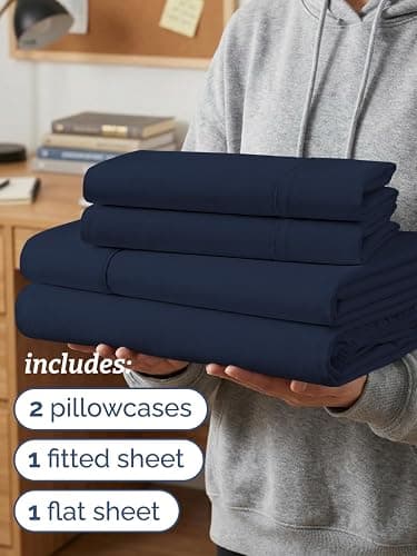 Twin XL 4 Piece Sheet Set - Comfy Breathable & Cooling - Hotel Luxury Bedding for Women, Men, Kids, Teens & Children - 1 Flat & 1 Fitted Sheet & 2 Pillowcases w/ Deep Pockets, Wrinkle Free - Navy Blue thumbnail 3