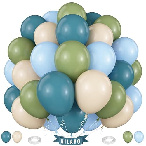 Sage Green Blue Balloons 60 Pcs 12 Inch Dusty Blue Sage Green Cream Balloons Avocado Slate Beige Apricot Balloon for Boys Men Hole in One Golf Boho Goose Baby Shower Birthday Party Decorations - Image 1
