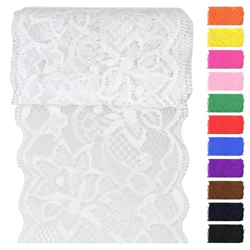 Swpeet 5 Yard by 3.15" Wide White Lace Fabric Stretch Elastic, Trim Lace Ribbon, Elastic Sewing Trim Ribbon for Garment, Headbands, Wedding Bouquet Making DIY Crafts - Image 1