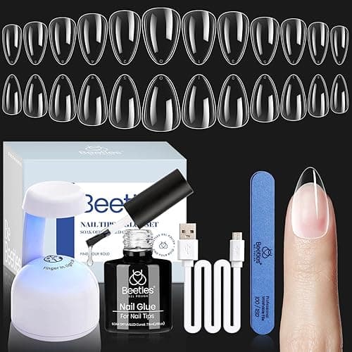 Beetles Gel Nail Kit, Short Almond Nail Tips Easy Extension Set 240 Pcs Pre Shaped Clear Full Cover Fake Nails Tips with 5 In 1 Nail Glue Uv Led Lamp DIY Manicure Gifts for Women - 0-0-XS Short Almond 240pcs(clear kit)