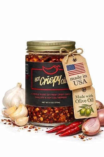 Hot Crispy Oil - Spicy Chili Crisp Blend of Olive Oil, Fresh Crispy Garlic, Shallots & Hot Chili Peppers - Designed for Pizza, Pasta, Eggs, Bread & More - Made in USA - Mild Heat - 6 fl oz - Original - Image 1