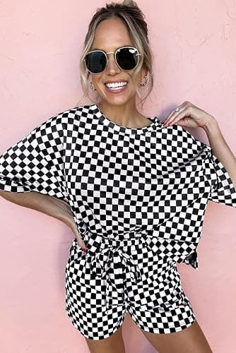 SELINK Womens 2 Piece Outfits Casual Checkered Top and Short 2pcs Set Plaid Short Sleeve Round Neck Daily Sweatsuit thumbnail 3