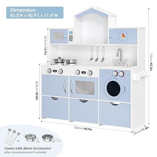 Keyluv Wooden Play Kitchen for Kids and Toddler, Montessori Toy Kitchen Playset with Plenty of Pretend Play Features and Storage Drawers, Gift for Boys and Girls, Blue thumbnail 2