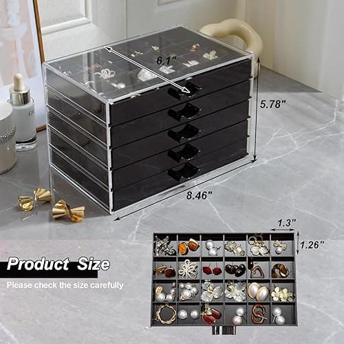 YUFONG Earring Storage Box Organizer, Acrylic Jewelry Storage Box Holder 5 Drawers Transparent Jewelry Display Stand with 120 Small Compartments Gift Boxes for Women Girls (Black) thumbnail 4