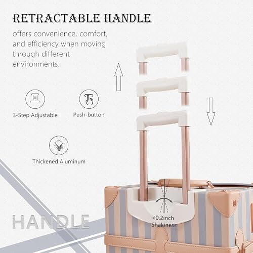 UNIWALKER Vintage Carry on Luggage Set, 2 Piece Retro Spinner Trunk Suitcase with Cosmetic Train Case for Women, 20"+12", Blue Strip thumbnail 6