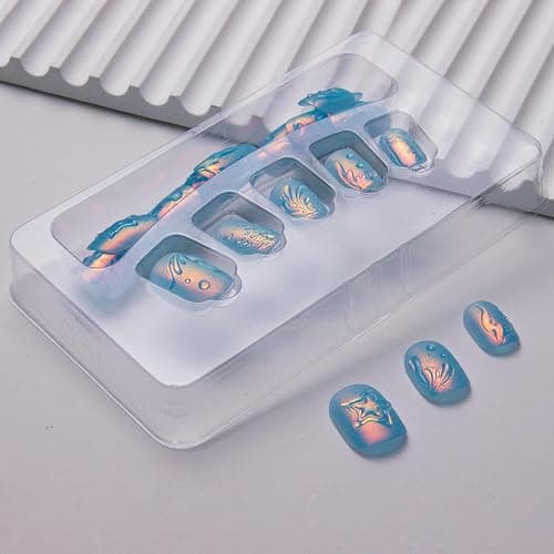 Summer Press on Nails Short Square Fake Nails Blue Chrome False Nails Press ons with Sea Waves Ocean 3D Design Glue on Nail Beach Matte Artificial Acrylic Nails for Women Girls Manicure Deco thumbnail 3