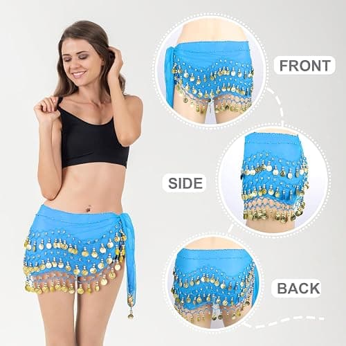 COSICS Belly Dance Hip Scarf, Women's Chiffon Belly Dancing Scarf with 128 Coins for Yoga Class thumbnail 6