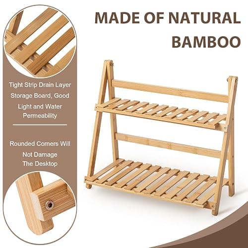 Yalikop Matcha Station Shelf,15.7'' Coffee Station Organizer, 2 Tiers Bamboo Mug Holder Countertop,Desktop Flower Pot Rack for Home Living Room Window Sill Foldable Display Storage Shelf(Wood) thumbnail 5