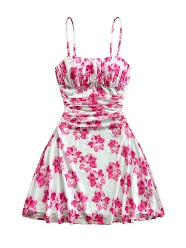 SHENHE Girl's Floral Ruched Spaghetti Strap Sundress Mesh A Line Flowy Boho Mini Dress - Image 1