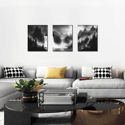CIRABKY Foggy Forest Wall Art for Living Room - Mountains Canvas Wall Art for Office - Black and White 3 Piece Wall Decor Size 12" x 16" thumbnail 5