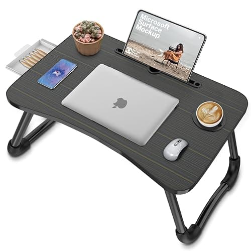 Zapuno Foldable Laptop Bed Table Multi-Function Lap Bed Tray Table with Storage Drawer and Water Bottle Holder, Serving Tray Dining Table with Slot for Eating, Working on Bed/Couch/Sofa (Arc Shape) - Beige1 thumbnail 7