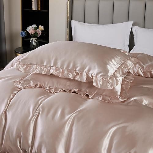 Silk Like Satin Bedding Queen Light Pink Duvet Cover Set Soft Silky Ruffle Comforter Cover Sexy Hotel Silky Bedding Sets 1 Duvet Cover 2 Pillowcases (Queen, Light Pink) thumbnail 5