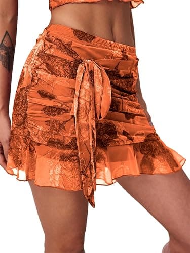 UEOIOW Women's Mesh Mini Skirt Tie High Waist Summer Floral Print Ruched Ruffle Short Skirts - Small - Orange thumbnail 3
