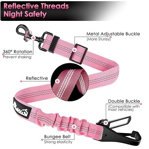 SlowTon Dog Car Seat Belt, 3 in 1 Latch Bar Attachment Dog Safety Seatbelt | Hook Latch Bar& Seatbelt Buckle, Reflective, Heavy Duty Nylon, Durability, Easy of Use, for Travel Riding, Pink, 27.5" thumbnail 4