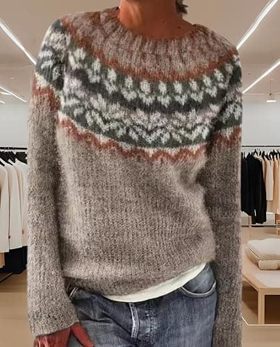 Scapodo Women's Oversized Sweater Vintage Striped Crewneck Top Soft Acrylic Long Sleeve Casual Pullover for Vacation thumbnail 6