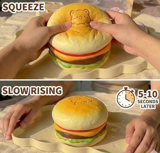 Slow Rising Food Squishies with Creamy Butter Scent, Realistic Large Hamburger Stress Relief Fidget Toys for Adults, Soft Sensory Squeeze Bun for Office Desk Party Favors(Brown Hamburg) thumbnail 3